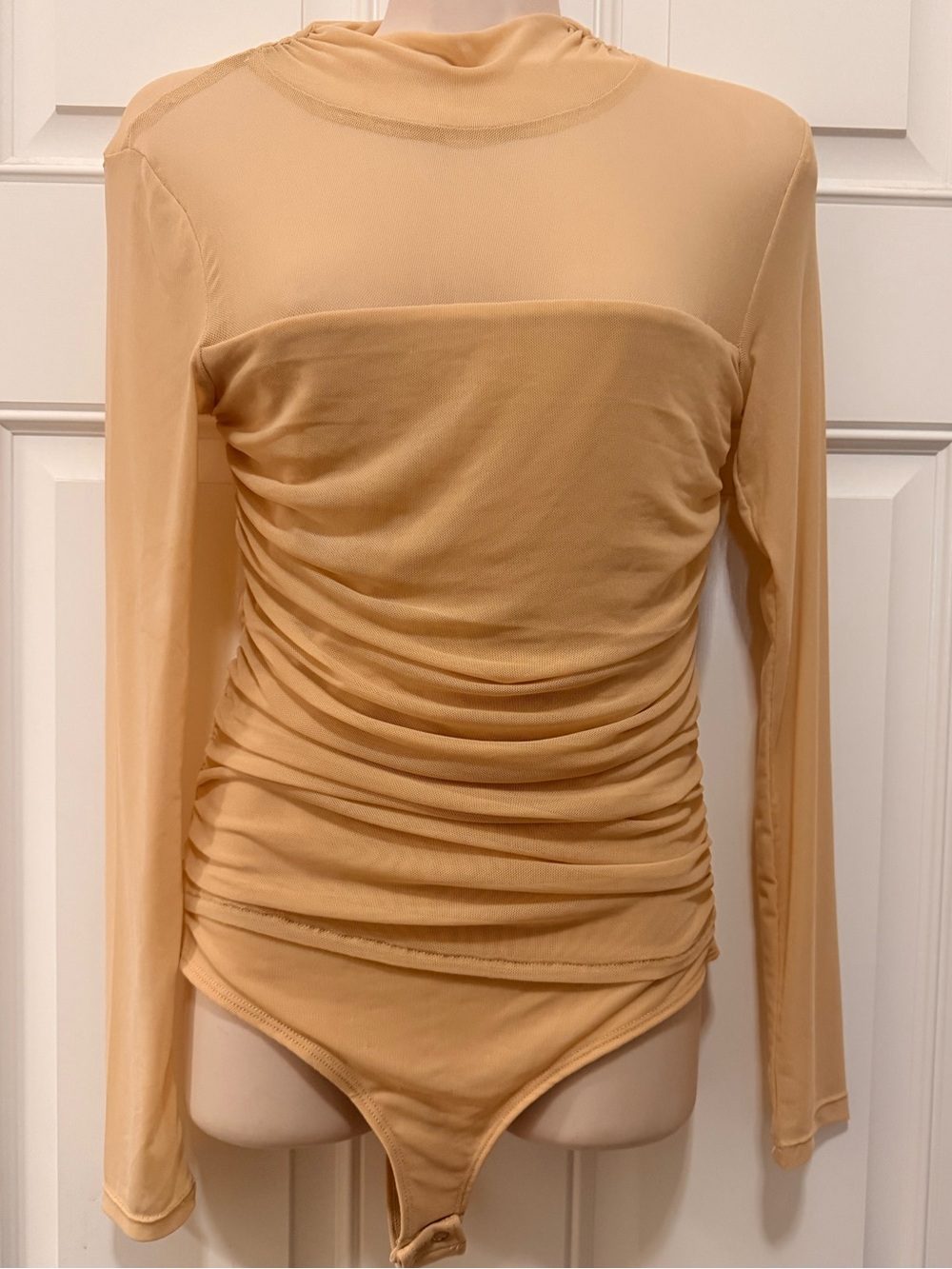 NWOT Mesh Long Sleeve Mock Neck Sheer Lined Bodysuit- Tan, S